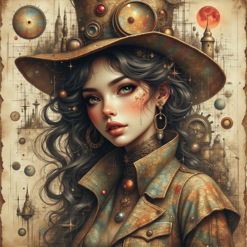 Steampunk Cartographer Portrait with Neon Effects