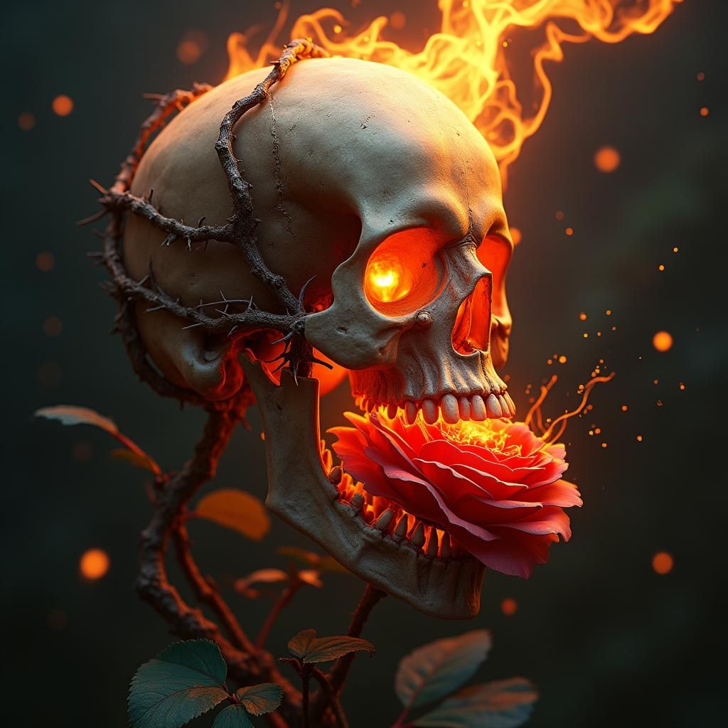 Fiery Skull Biting Rose in Biomechanical Style