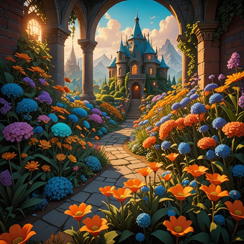 Exquisite Sunrise Garden with Gothic Archways and Pyramid Eg...