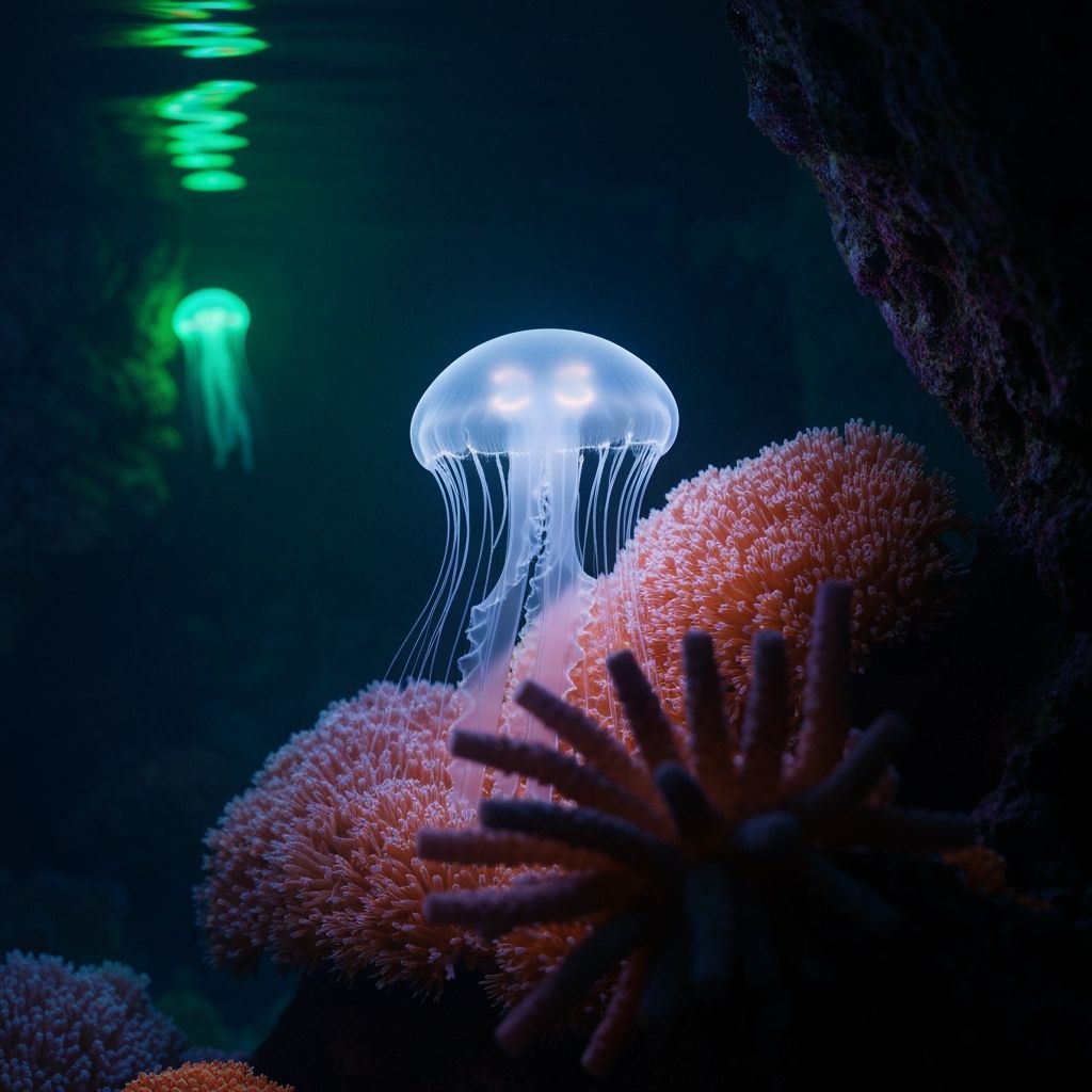 Bioluminescent Jellyfish in Neon Coral Reef