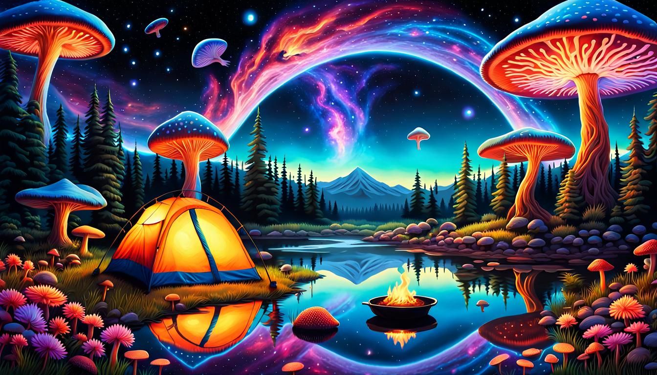 Relaxing cozy camp surrounded by Wispy Multi Colored mushroo...