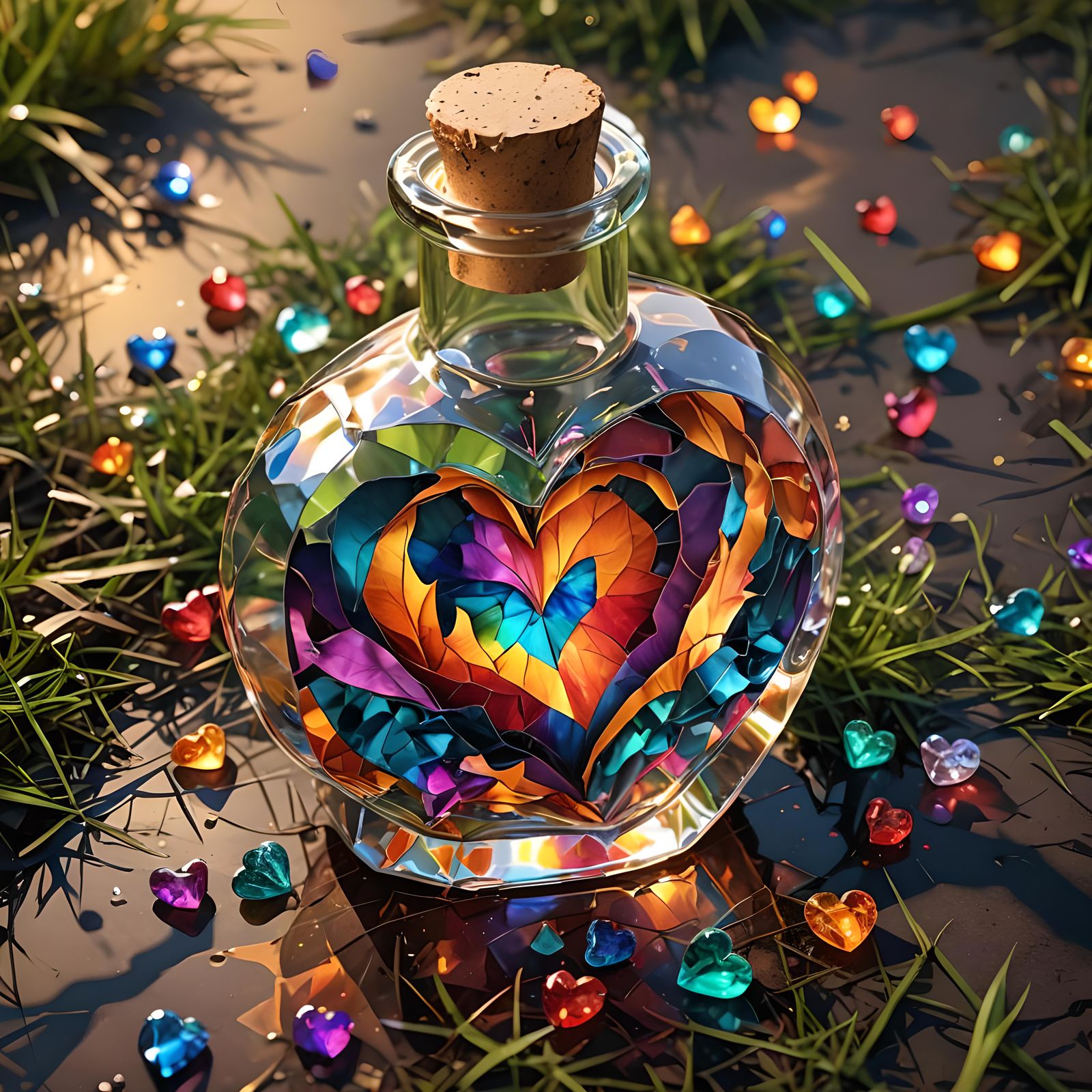 Burning Heart Inside Cracked Crystal Bottle With Rainbows
