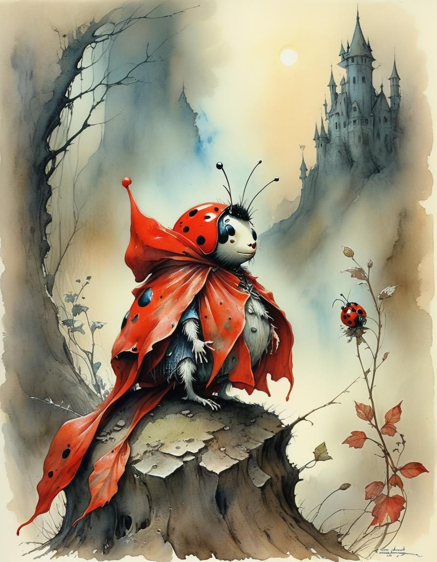 Whimsical Ladybug Gnome in Vintage Watercolor Style