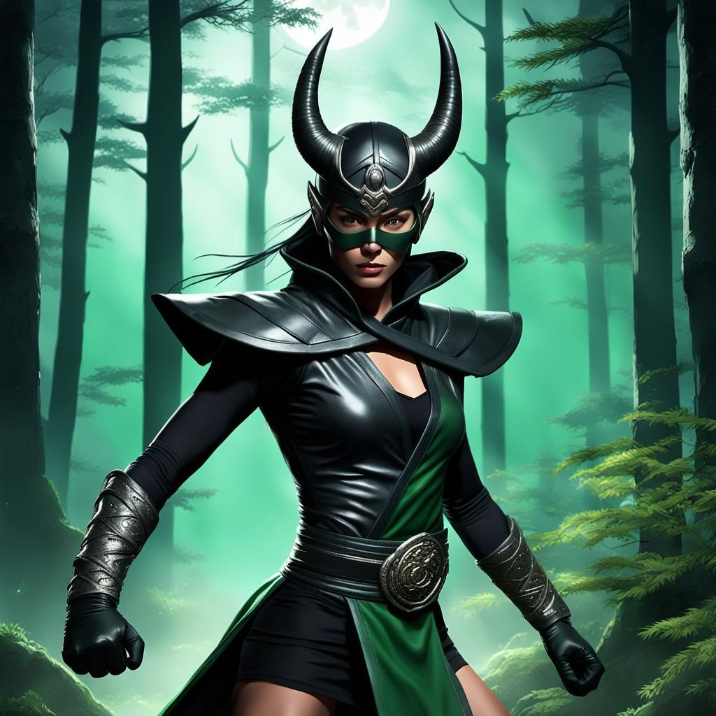 Martial Artist Woman in Forest, Anime Style