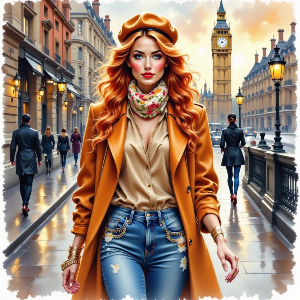 Woman in Vintage London Street Style, Watercolor Painting