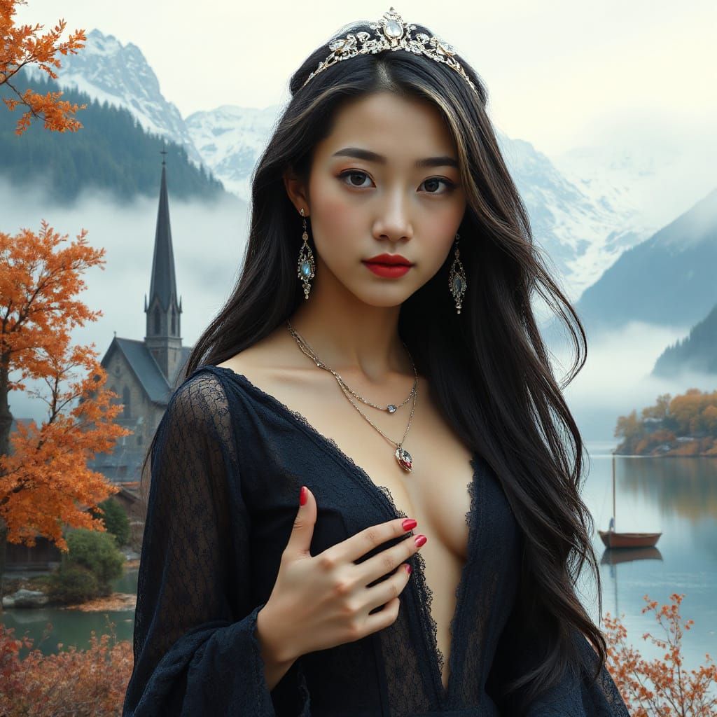 Ethereal North Korean Woman in Autumn Landscape