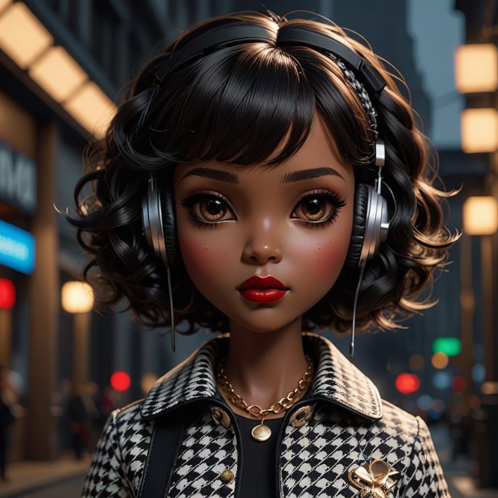 Surreal Mini Blythe Doll in Houndstooth Jacket, Red Lipstick...