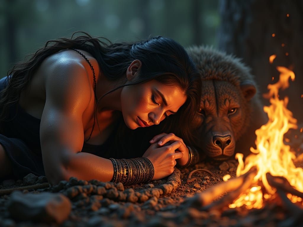 Muscular Barbarian Warrior Rests by Fiery Light