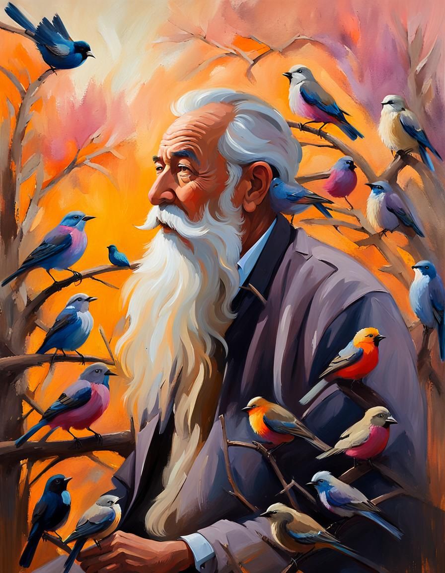 Whimsical Oil Painting: Old Man with Bird Nest Beard