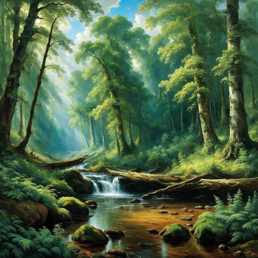 Majestic Forest Waterfall in Classical Style
