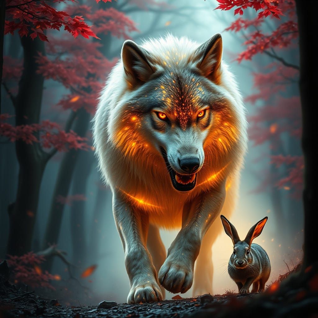 Majestic Wolf in Fiery Forest Chase