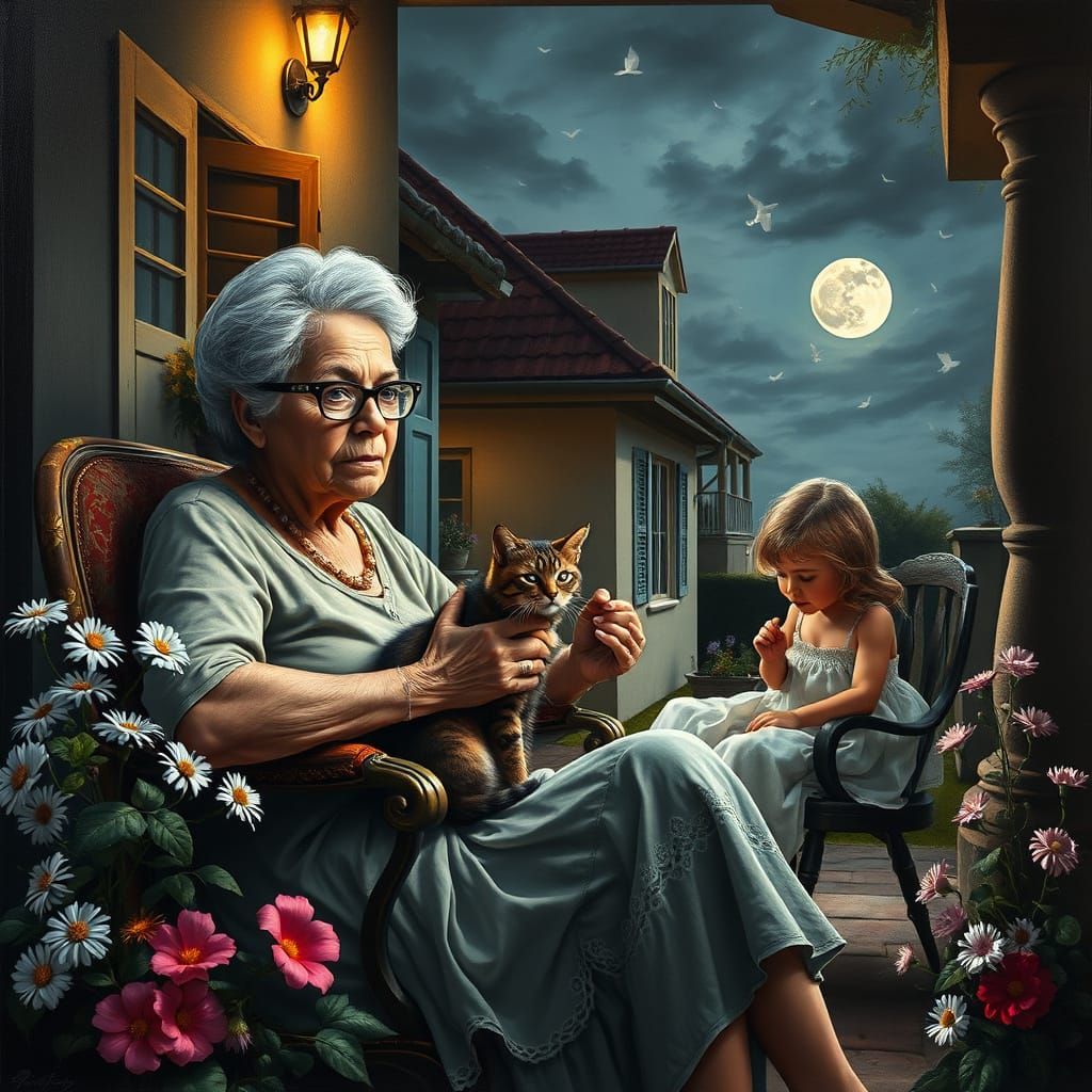 Hyperrealistic Oil Painting: Old Woman with Cat