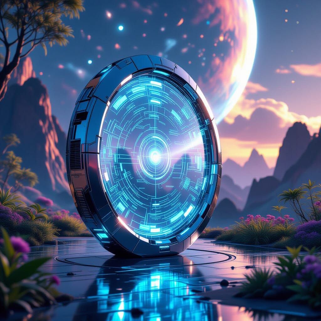 Holographic AI Portal on Alien Planet, Photorealistic