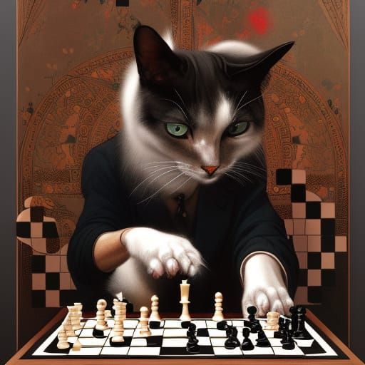 Checkered Cat Plays Chess: Surreal Art Portrait