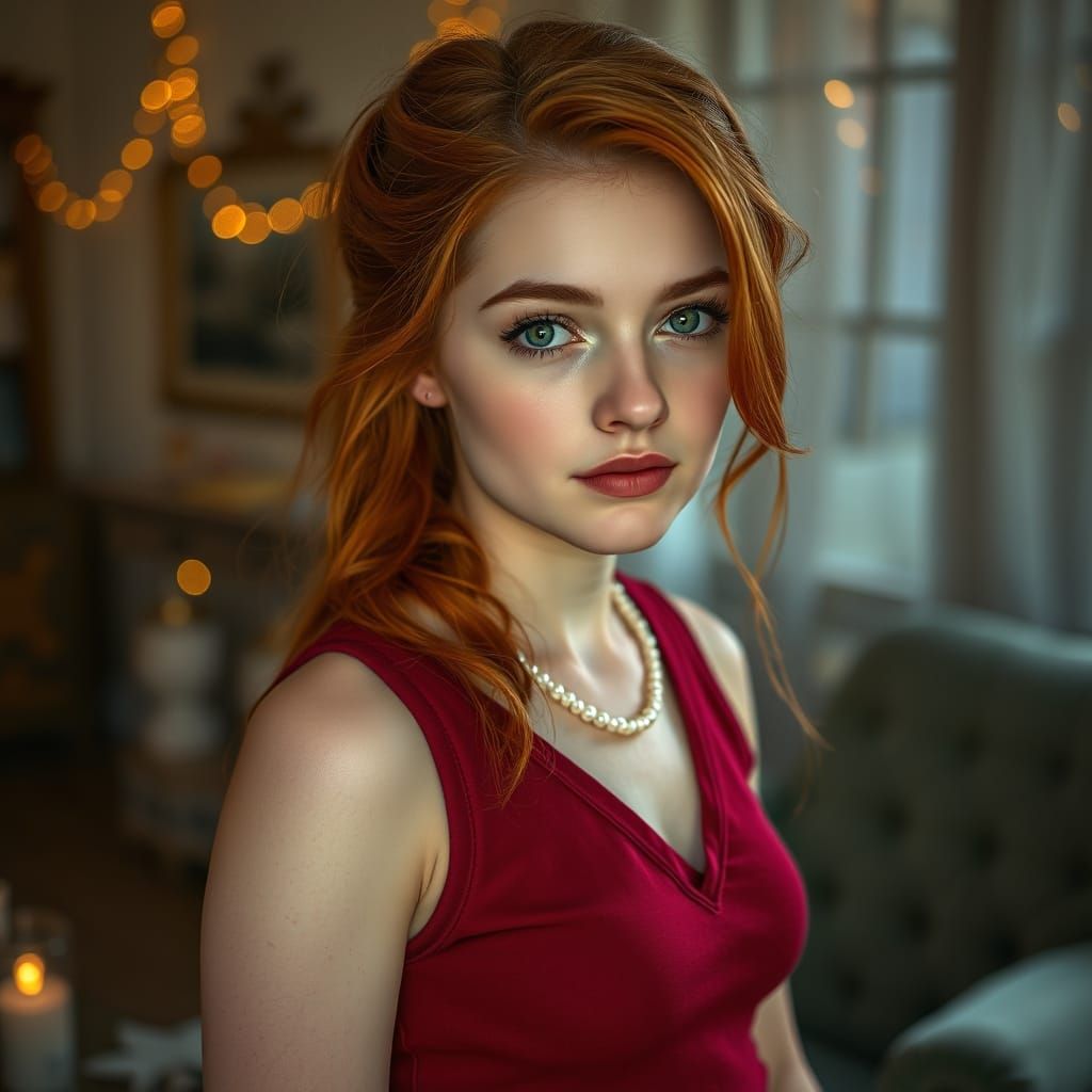 A softly lit portrait photograph captures a young woman, nearly eighteen, with a cascade of vibrant, copper-red hair flo...