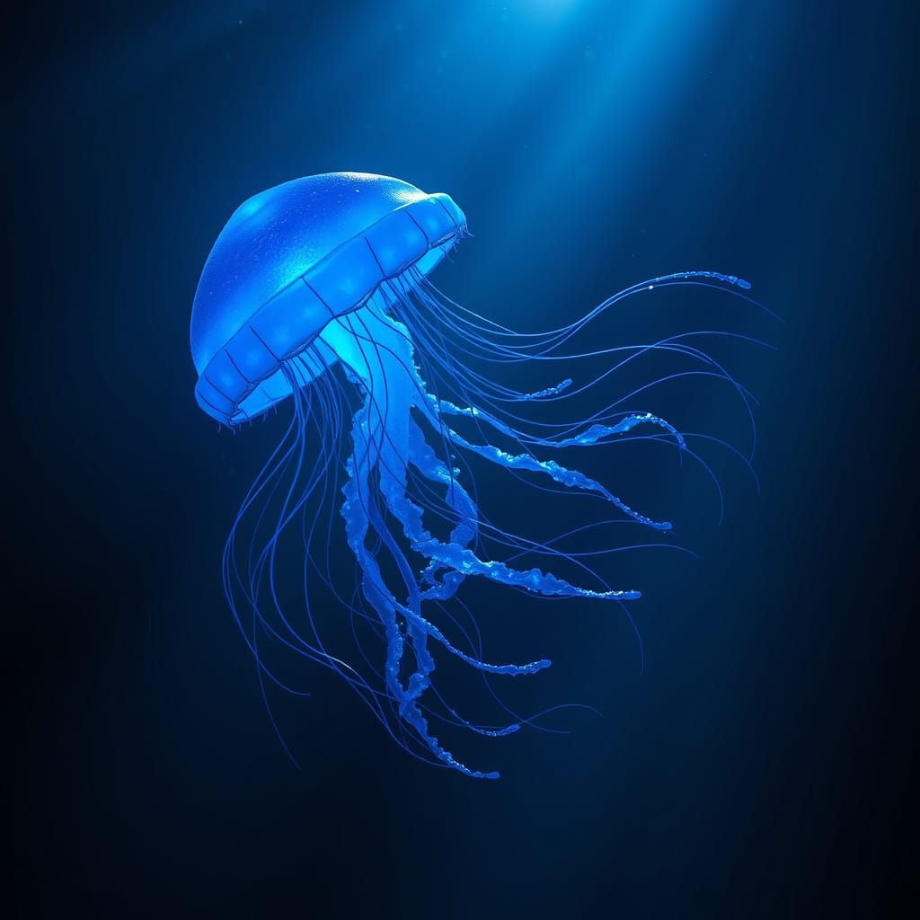 Bioluminescent Sapphire Jellyfish Dancing in the Deep Sea