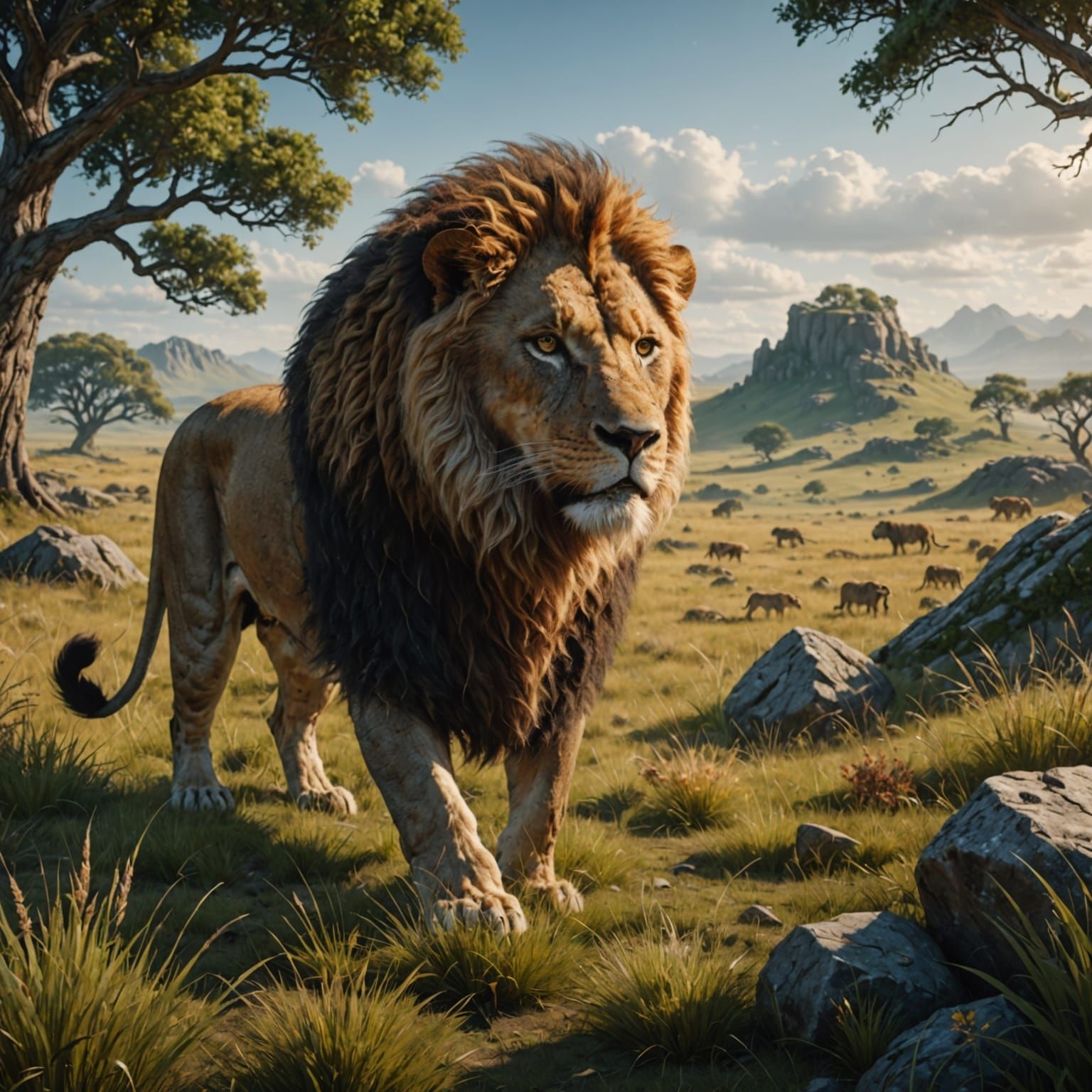 Lion in Majestic Grassland Hunt Scene