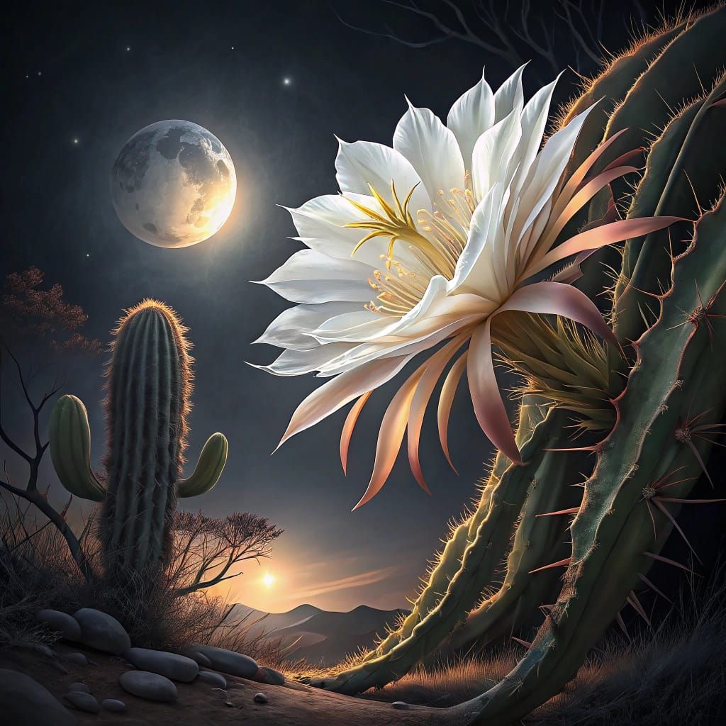 A stunning close-up photograph of the elusive Kadupul Cactus Flower (Epiphyllum oxypetalum) in full bloom at night, its ...
