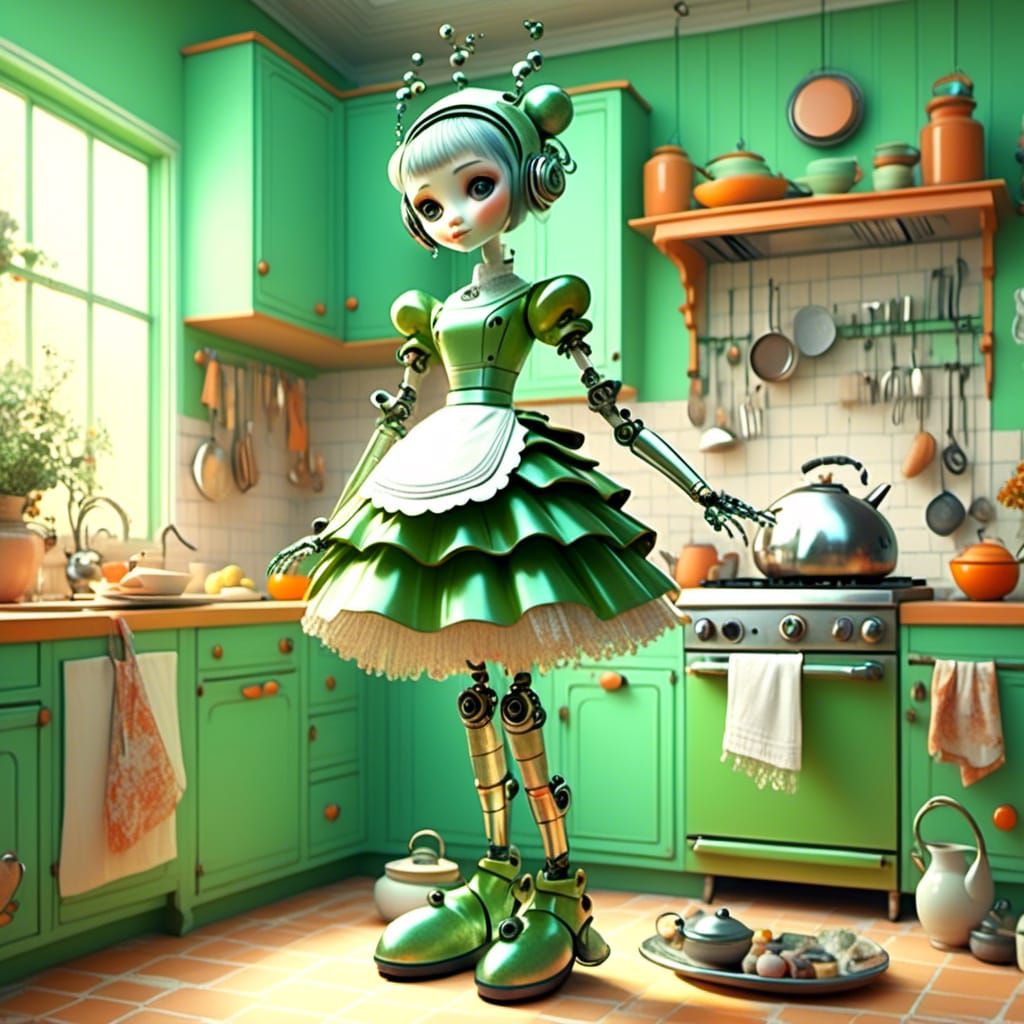 Adorable Android Maid in Retro Kitchen, Art Deco Style