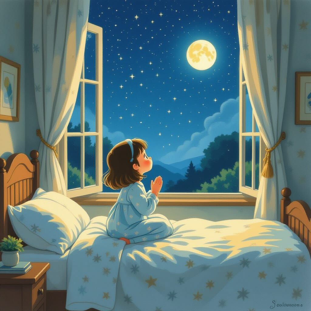 Girl's Night Prayer Under Starry Sky