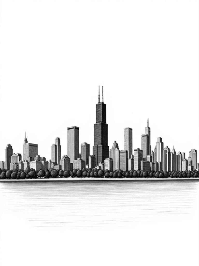 Surreal Architectural Silhouette of Chicago Skyline in Fine-...