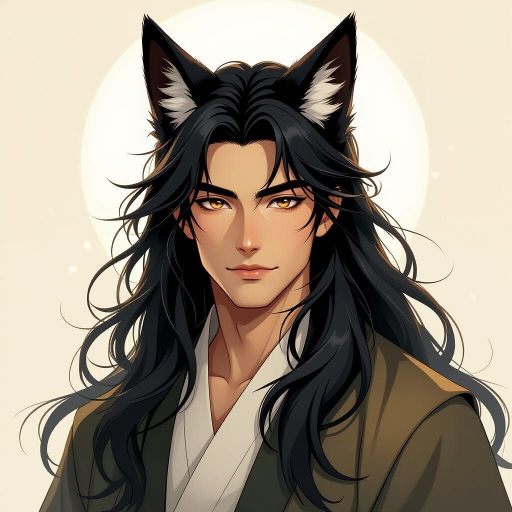 Ethereal Japanese Kitsune Man in Dreamy Watermark Style