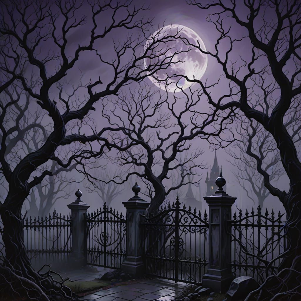 A creepy garden with wrought iron fencing and dark tangled trees surround the garden. The full moon in the sky casts lig...