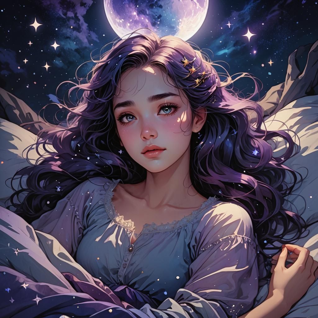Ethereal Girl Gazing at Starry Night Sky