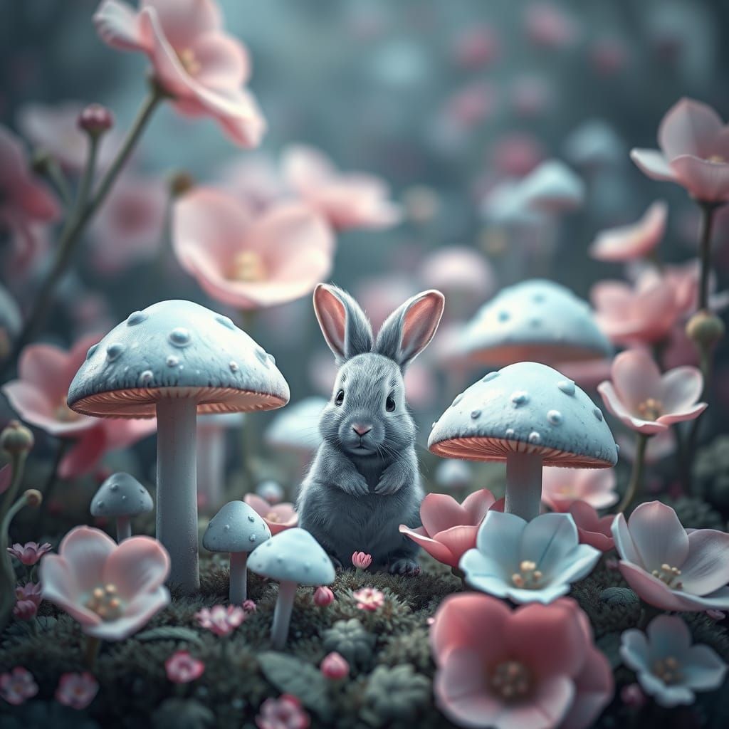 Whimsical Chibi Bunny Amidst Vibrant Blue Mushrooms