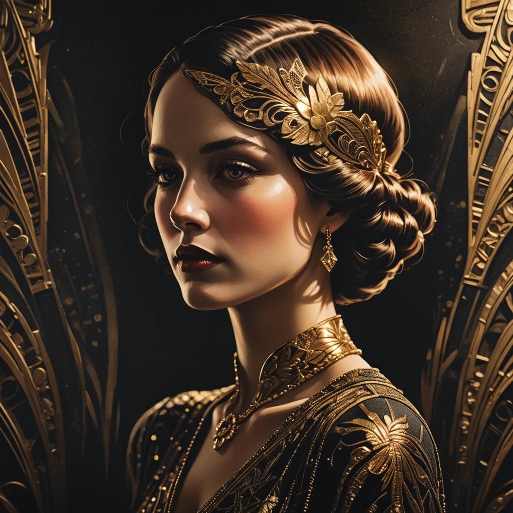 Elegant Art Deco Female Silhouette in Gold and Black