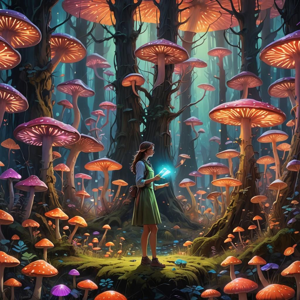 Woman in Glowing Neon Mushroom Forest, Digital Art