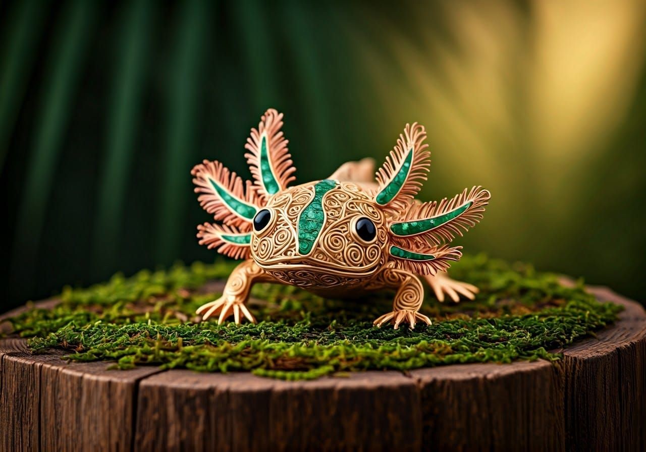 Luxurious Golden Axolotl Adorned with Jade and Emerald Folia...