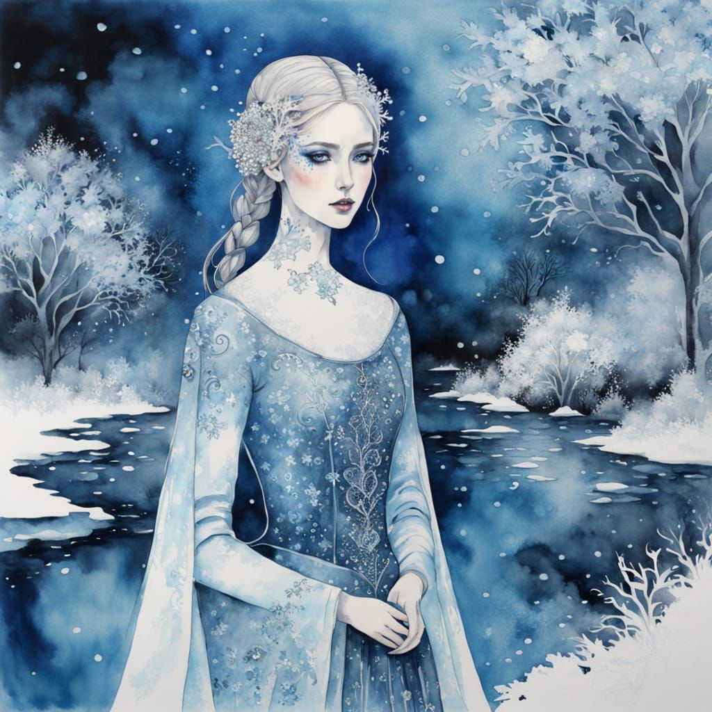 Minimalist Watercolor Ice Queen in Frozen Garden