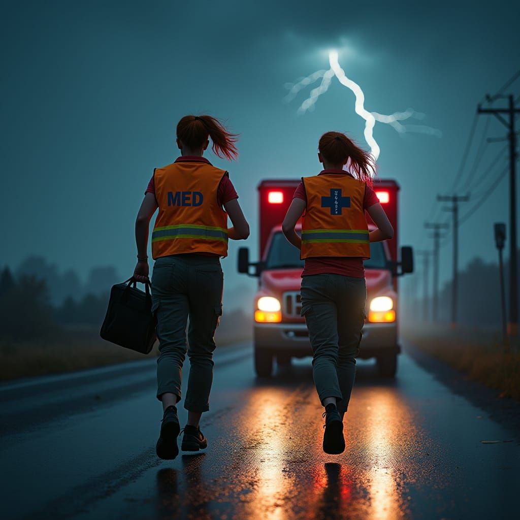 Hyper-Realistic Portrait of Two EMT Women in Stormy Industri...