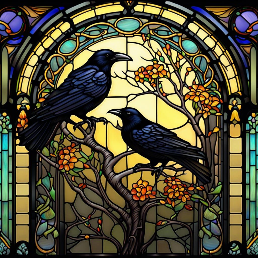 Gothic Art Nouveau Raven in Stained Glass Style