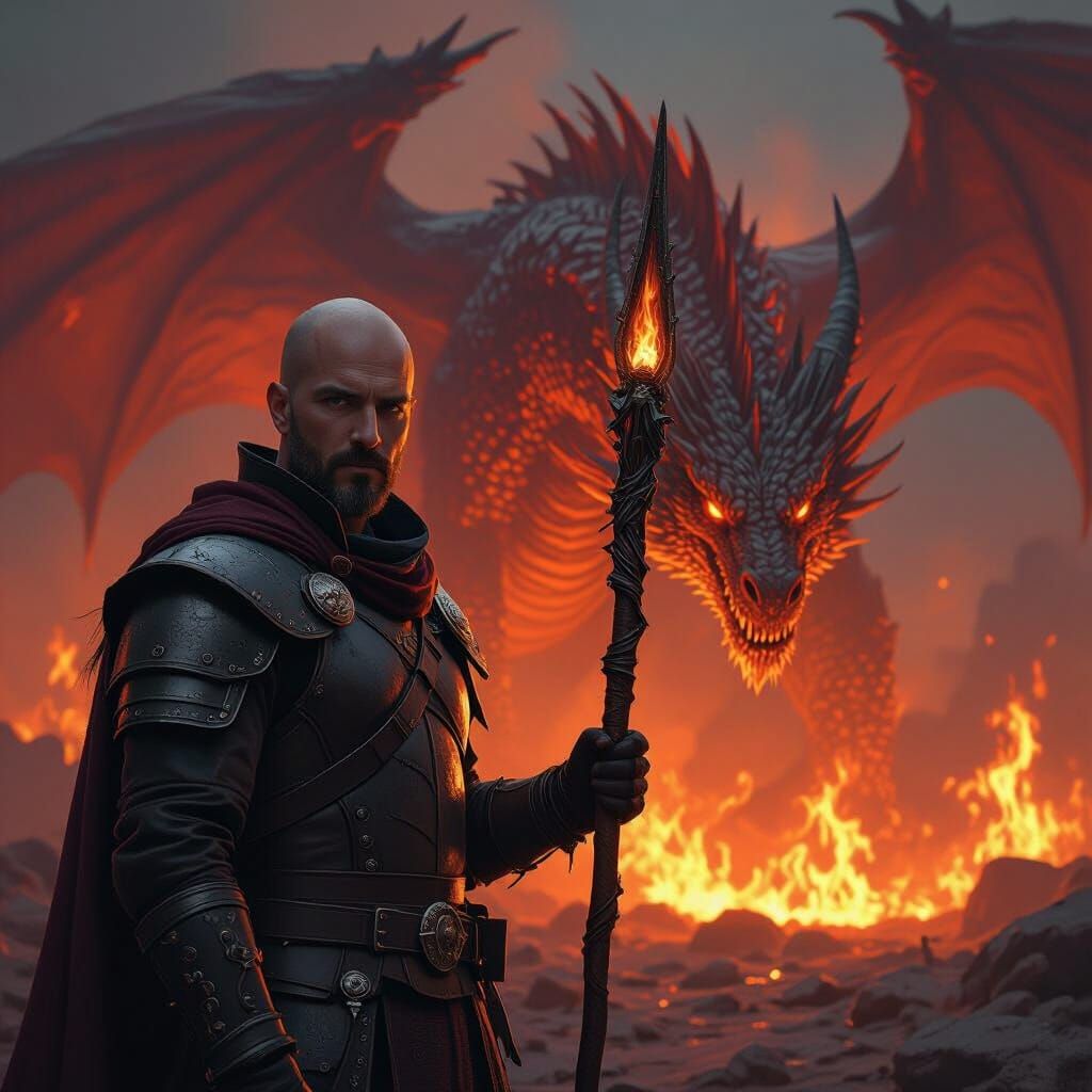 Bald Man and Fire Dragon in Apocalyptic Landscape