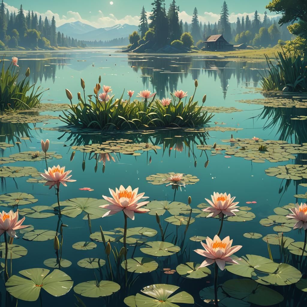 Sunlit Lilies in Lake: Fantasy Matte Painting
