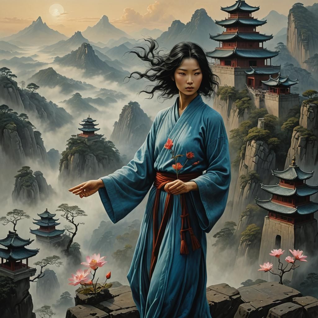 Shaolin Girl on Wudang Mountain in Mystical Style
