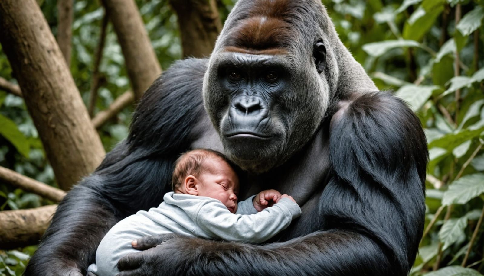 Silverback Gorilla Cradles Human Baby