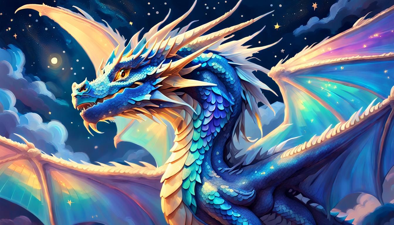 Majestic Blue Dragon soars through a Starry Night Sky