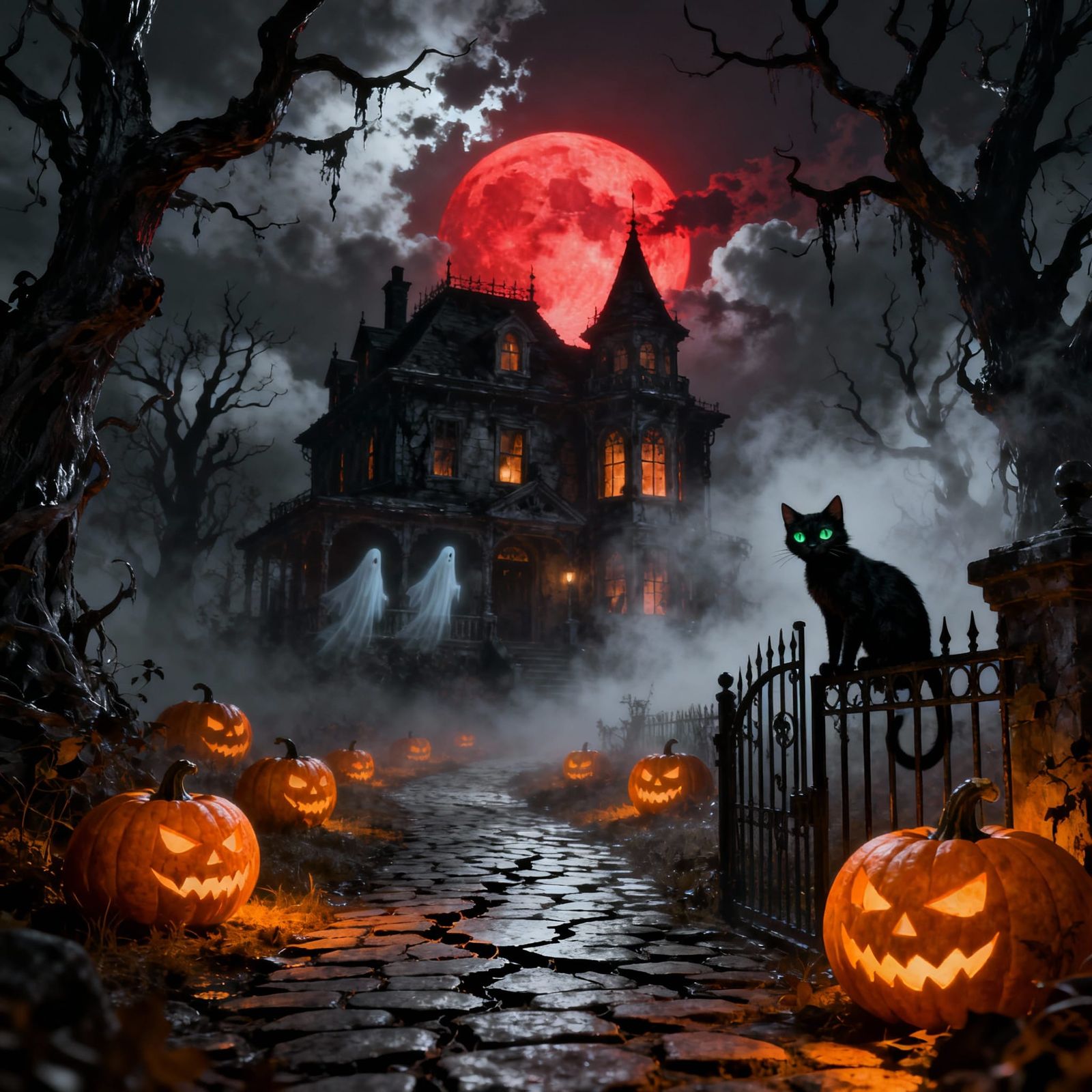 Haunted Victorian Mansion Under Blood Moon