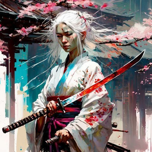 Shrine Maiden with Katana in Oil Painting Style