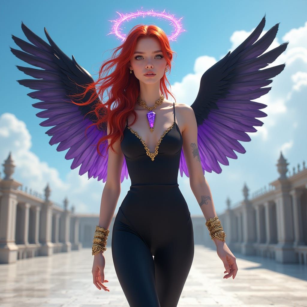 Redhead with Obsidian Wings in Hyperrealistic Style