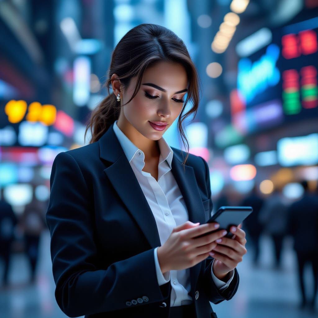Female Trader Executes Mobile Trades at the NYSE