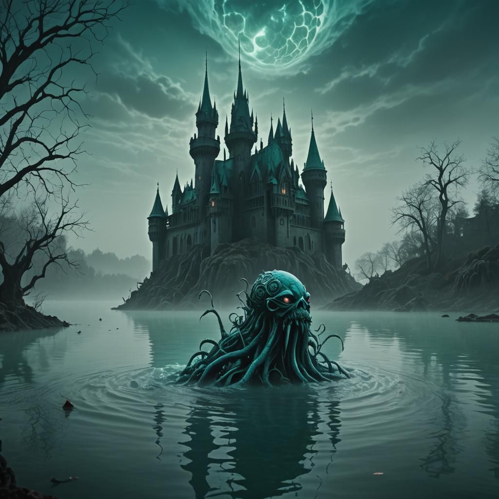 Teal Castle Monster in Gothic Surrealism Style