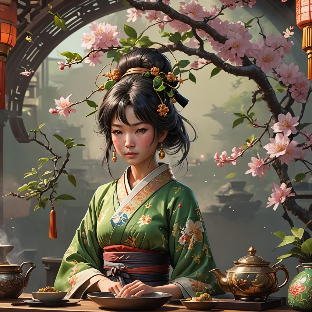 Detailed Midori Tea Pot Portrait in Digital Art Style