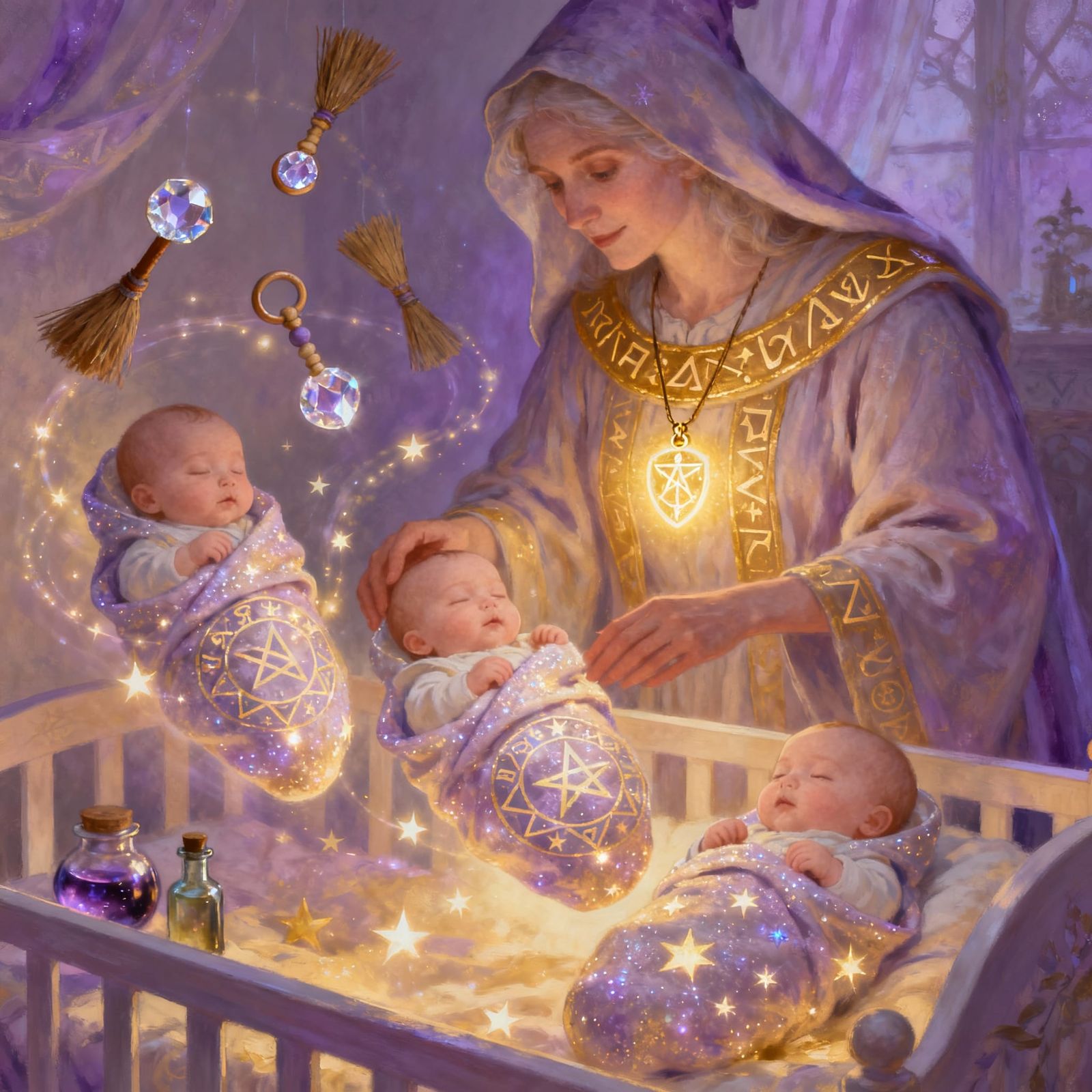 Magical Nursery Scene with Floating Wizard Babies