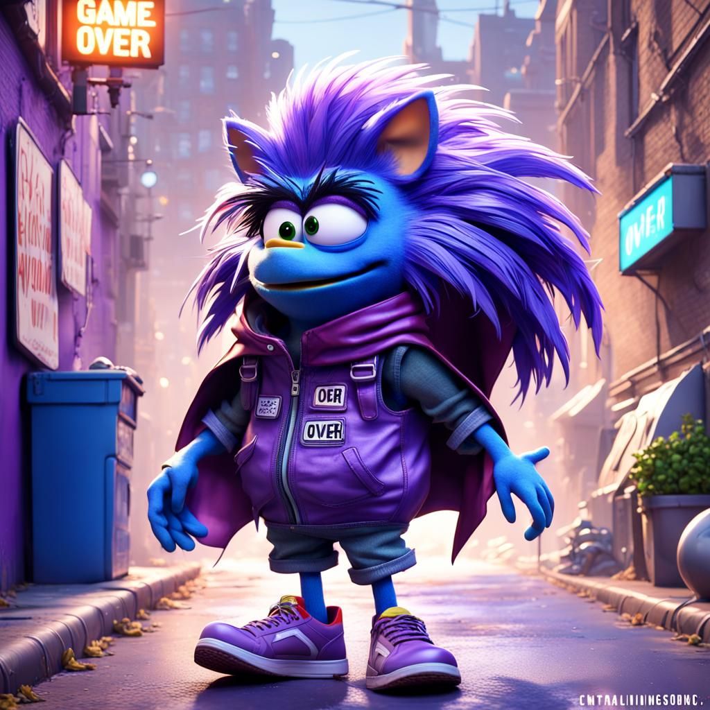 Muppet Tickles Sonic in Dystopian City: 3D Digital Art