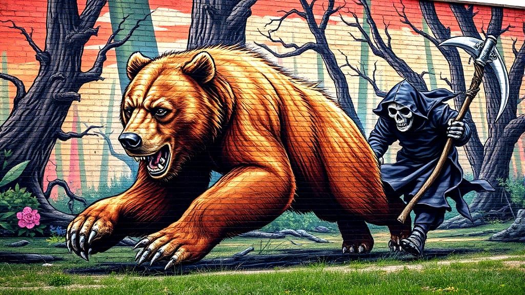 Bear Chasing Grim Reaper Mural in Park