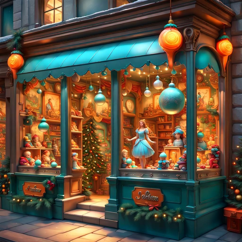 Festive Toy Shop Window Display in Hyperdetailed Style